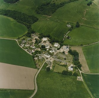 Oblique aerial view centred on the village of Fowlis Wester, taken from the SE.