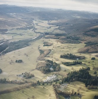 General oblique aerial view of the glen with the country house and dairy adjacent, taken from the E.