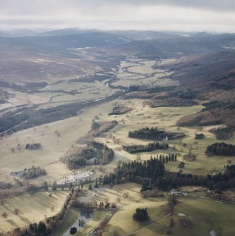 General oblique aerial view of the glen with the country house, dairy and walled garden adjacent, taken from the ENE.