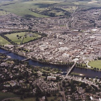 Perth town centre, oblique aerial view, taken from the NE, centred on the town centre.