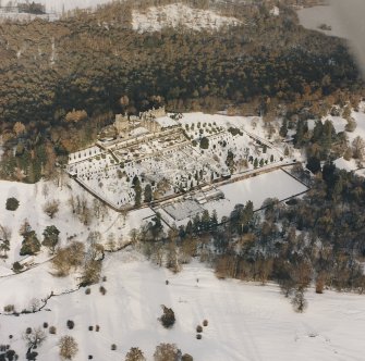 Drummond Castle, Formal Gardens and Policies, oblique aerial view, taken from the S.