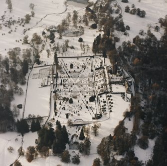 Drummond Castle, Formal Gardens and Policies, oblique aerial view, taken from the ENE.
