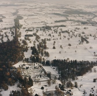 Drummond Castle, Formal Gardens and Policies, oblique aerial view, taken from the WSW.