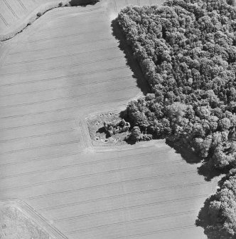 Oblique aerial view centred on the castle with linear cropmarks adjacent, taken from the W.