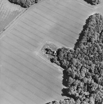 Oblique aerial view centred on the castle with linear cropmarks adjacent, taken from the SW.