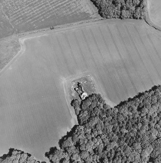 Oblique aerial view centred on the castle with linear cropmarks adjacent, taken from the SSE.