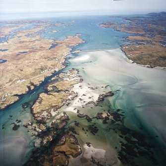 General oblique aerial view over the causeway and Creagorry, looking towards The Minch, taken from the NW.