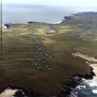 Oblique aerial view centred on the townships and remains of lazy beds, taken from the WNW.