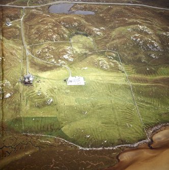 Oblique aerial view centred on the shooting lodge and lazy beds with the cottage and kennels adjacent, taken from the W.