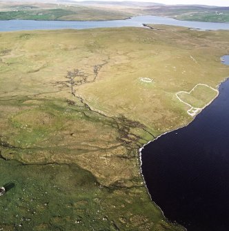 Oblique aerial view of the remains of the enclosure, stock enclosure, settlement and field-system, taken from the WSW.