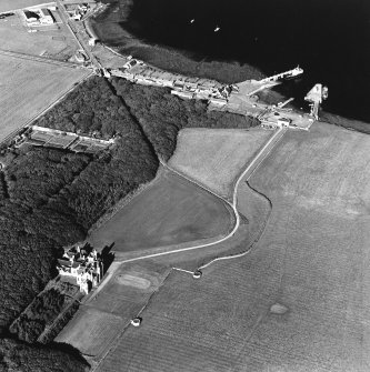 Oblique aerial view of Orkney, Shapinsay, Balfour Castle, Balfour village and harbour, taken from the W.