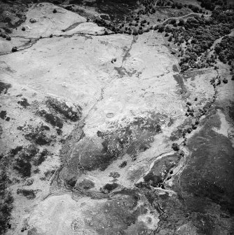 Morvich Burn, oblique aerial view, taken from the NW, centred on a township. Sheepfolds are visible in the centre top half of the photograph, a hut-circle in the centre bottom half, and enclosures, a building and a structure are shown in the centre right half.