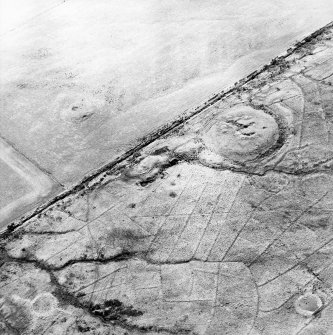 Oblique aerial view of the remains of the broch, cairn and sheepfolds, taken from the NNW.