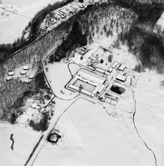 Oblique aerial view of Guisachan centred on a farmsteading, taken from the SSW.