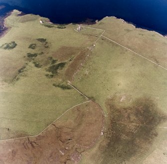 Sanday, Roman Catholic Church of St Edward the Confessor. Aerial view, with nearby sites, buildings and monuments at Greod, Cnoc an Tionail, Creag Liath, Camas an Ail, Rubha nan Lion and Rubha nan Feannag.
