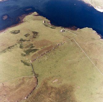 Sanday, Roman Catholic Church of St Edward the Confessor and Canna Harbour, Pier. Aerial view, with nearby sites, buildings and monuments at Greod, Cnoc an Tionail, Creag Liath, Camas an Ail, Rubha nan Lion and Rubha nan Feannag.