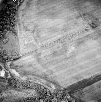 Oblique aerial view centred on the cropmarks of the possible enclosure, rig and linear cropmarks, taken from the ENE.