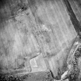 Oblique aerial view centred on the cropmarks of the possible enclosure, rig and linear cropmarks, taken from the SSE.