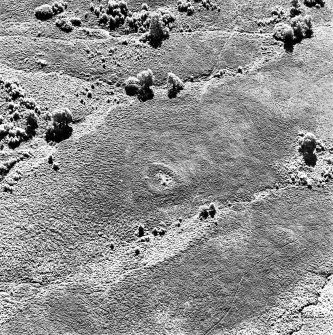 Oblique aerial view of Garbeg centred on the remains of a hut-circle in an area of hut-circles, small cairns, a field-system and rig, taken from the N.