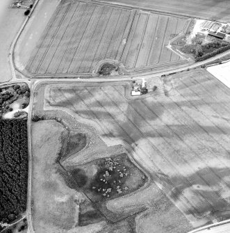 Oblique aerial view centred on the cropmarks of the possible pit-defined enclosure, pits, linear cropmarks and promontory fort, taken from the SW.