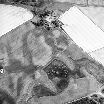 Oblique aerial view centred on the cropmarks of the possible pit-defined enclosure, pits, linear cropmarks and promontory fort with church, mausoleum and cemetery adjacent, taken from the NW.