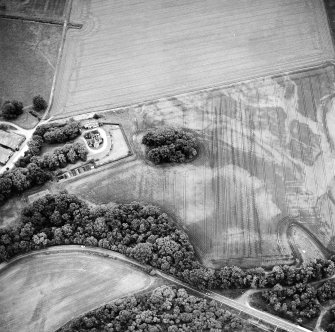 Oblique aerial view centred on the remains of the cairn with Arcan Mains adjacent, taken from the S.