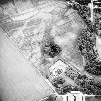 Oblique aerial view centred on the remains of the cairn with Arcan Mains adjacent, taken from the WNW.