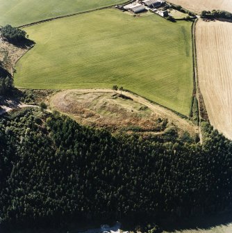 Oblique aerial view centred on the remains of the castle and the possible fort, taken from the ESE.