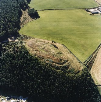 Oblique aerial view centred on the remains of the castle and the possible fort, taken from the E.