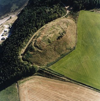 Oblique aerial view centred on the remains of the castle and the possible fort, taken from the N.