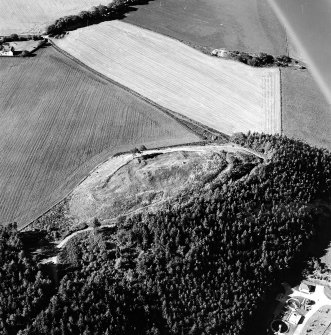 Oblique aerial view centred on the remains of the castle and the possible fort, taken from the SSE.