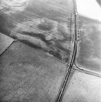 Newton and Upper Cullernie, oblique aerial view, taken from the SE, centred on the cropmarks of a barrow. A ring-ditch is visible as a cropmark in the top centre of the photograph.