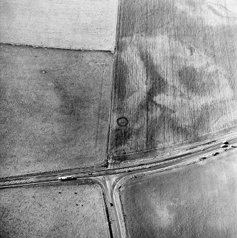 Newton and Upper Cullernie, oblique aerial view, taken from the SSE, centred on the cropmarks of a barrow.
