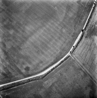 Oblique aerial view centred on the cropmarks of the palisaded enclosure, taken from the W.