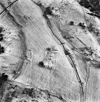 Ballourie, oblique aerial view, taken from the E, showing the remains of a township across the photograph, and rig in the foreground.