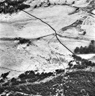 Ballourie, oblique aerial view, taken from the N, showing the remains of a township and rig in the left half of the photograph, and another township, buildings, banks and an enclosure in the right half.