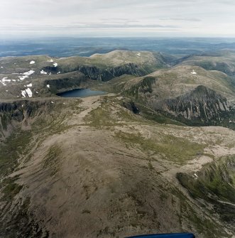 Oblique aerial view looking over Loch Etchachan towards Stathspey, taken from the S.