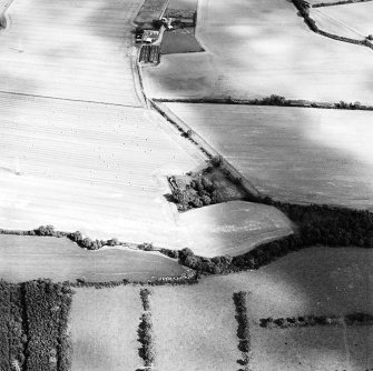 Oblique aerial view of Whitehill centred on the remains of a farmsteading with the remains of a tower-house adjacent, taken from the WSW.