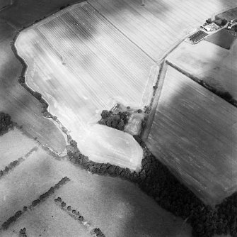 Oblique aerial view of Whitehill centred on the remains of a farmsteading with the remains of a tower-house adjacent, taken from the SW.