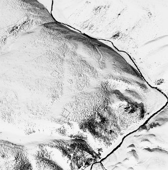 Oblique aerial view of Backie Hill centred on the remains of two enclosures, taken from the SSW.