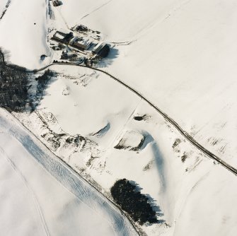 Oblique aerial view of Peel of Fichlie centred on the remains of a motte-and-bailey castle with the township of Fichlie adjacent, taken from the ESE.