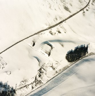 Oblique aerial view of Peel of Fichlie centred on the remains of a motte-and-bailey castle, taken from the SSW.
