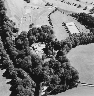 Oblique aerial view of Huntly Castle, taken from the WNW.