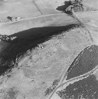 Oblique aerial view of Dunnideer centred on the remains of the fort and tower-house, taken from the SW.