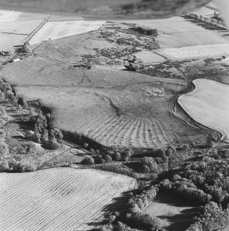 Oblique aerial view of Wardhouse Home farm centred on the remains of rig, small cairns and farmstead with cairns, field system, quarry and cottage adjacent, taken from the NW.