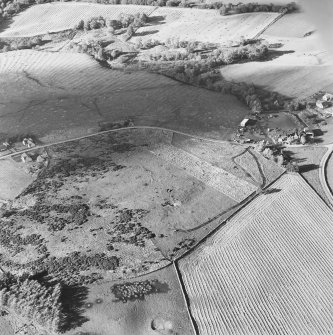 Oblique aerial view of Rosa Croft centred on the remains of cairns and field-system with small cairns, rig, quarry and cottage adjacent, taken from the NW.