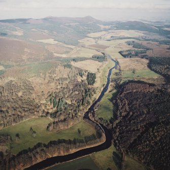 General oblique aerial view from Craigpot suspension footbridge, taken from the WSW looking ENE along the River Don towards Bennachie, with My Lord's Throat on the left side of photograph.