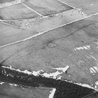 Oblique aerial view centred on the remains of the ring-cairn with rig adjacent, taken from the SSW.