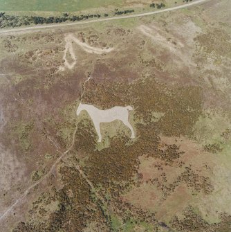 Oblique aerial view centred on the hill-figure of a horse, taken from the SW.