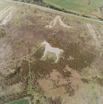Oblique aerial view centred on the hill-figure of a horse, taken from the SSW.